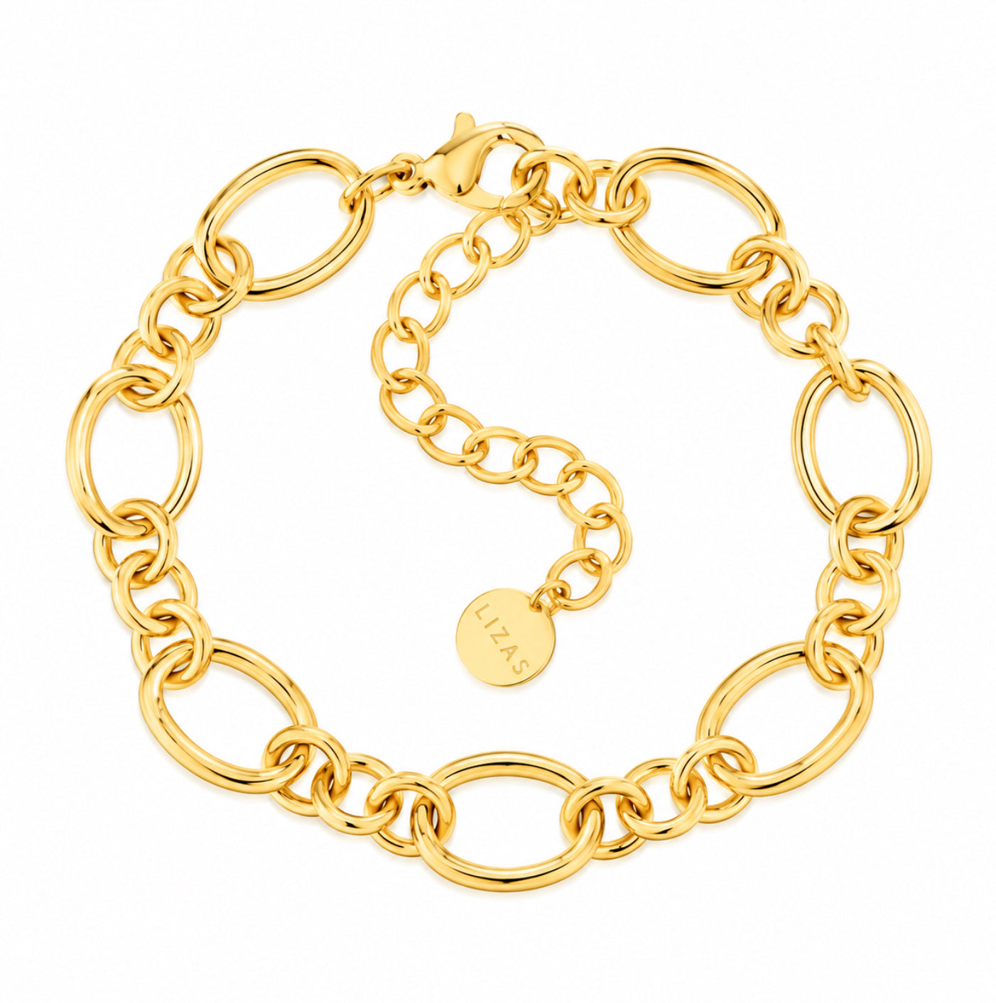 LIZAS Charleston gold mixed-link chain bracelet with alternating oval links, lobster clasp, adjustable extender, and round LIZAS charm.