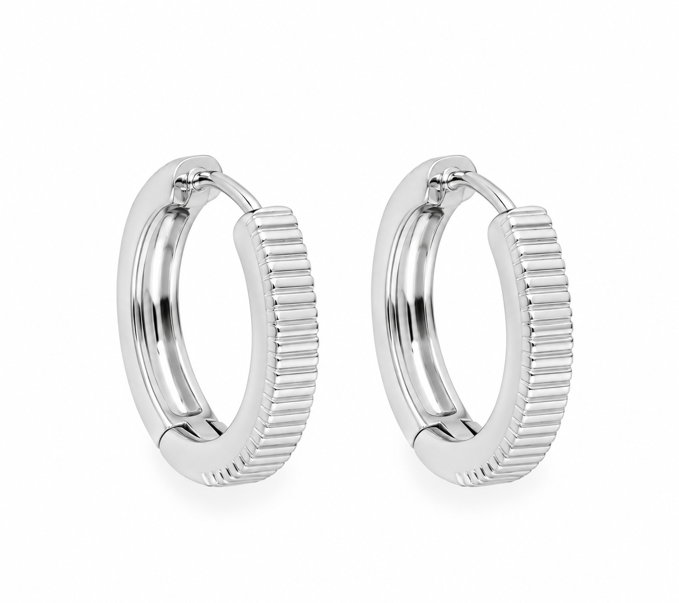 LIZAS All Time Classics silver textured hoop earrings with a ribbed design and hinged closures.