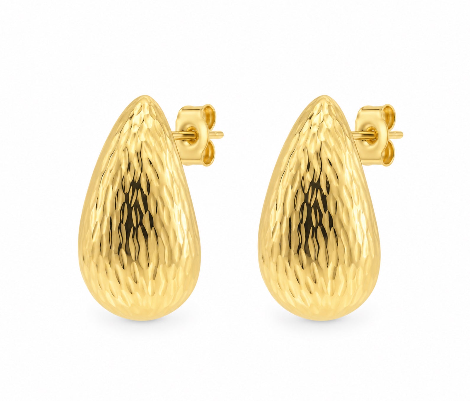 LIZAS All Time Classics gold textured teardrop earrings with a polished finish and post-back closures.