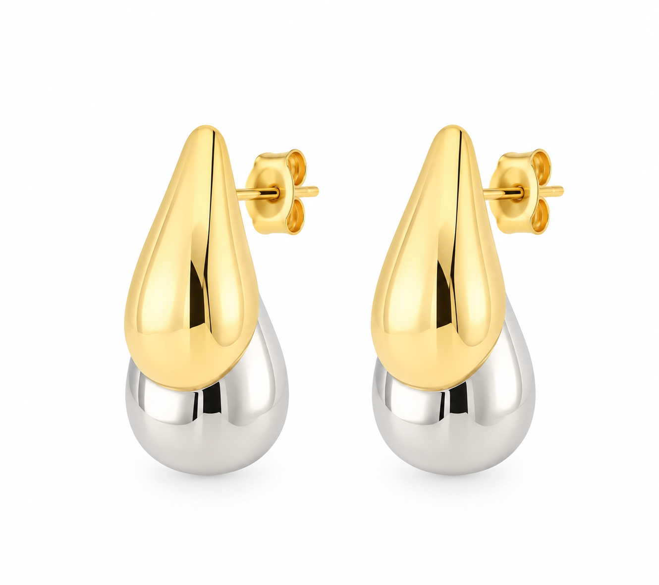 LIZAS All Time Classics two-tone teardrop earrings with polished gold and silver finishes and post-back closures.