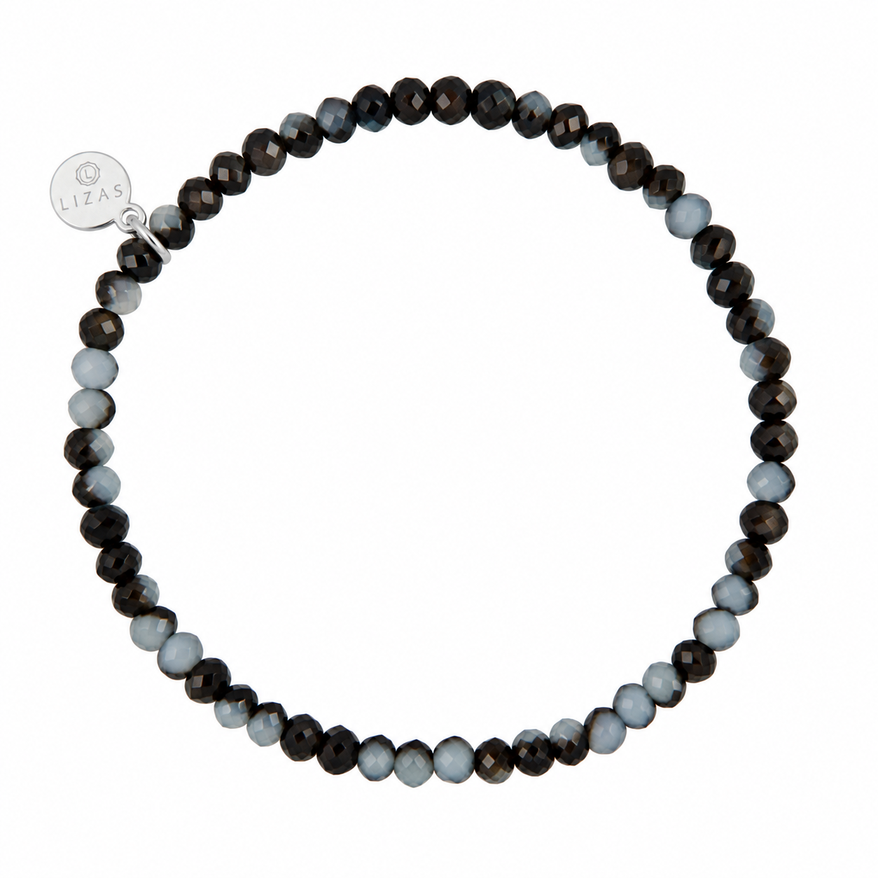 LIZAS Knoxville Umbra bracelet with faceted black, smoky brown, and gray Czech crystals and a silver-tone LIZAS charm.