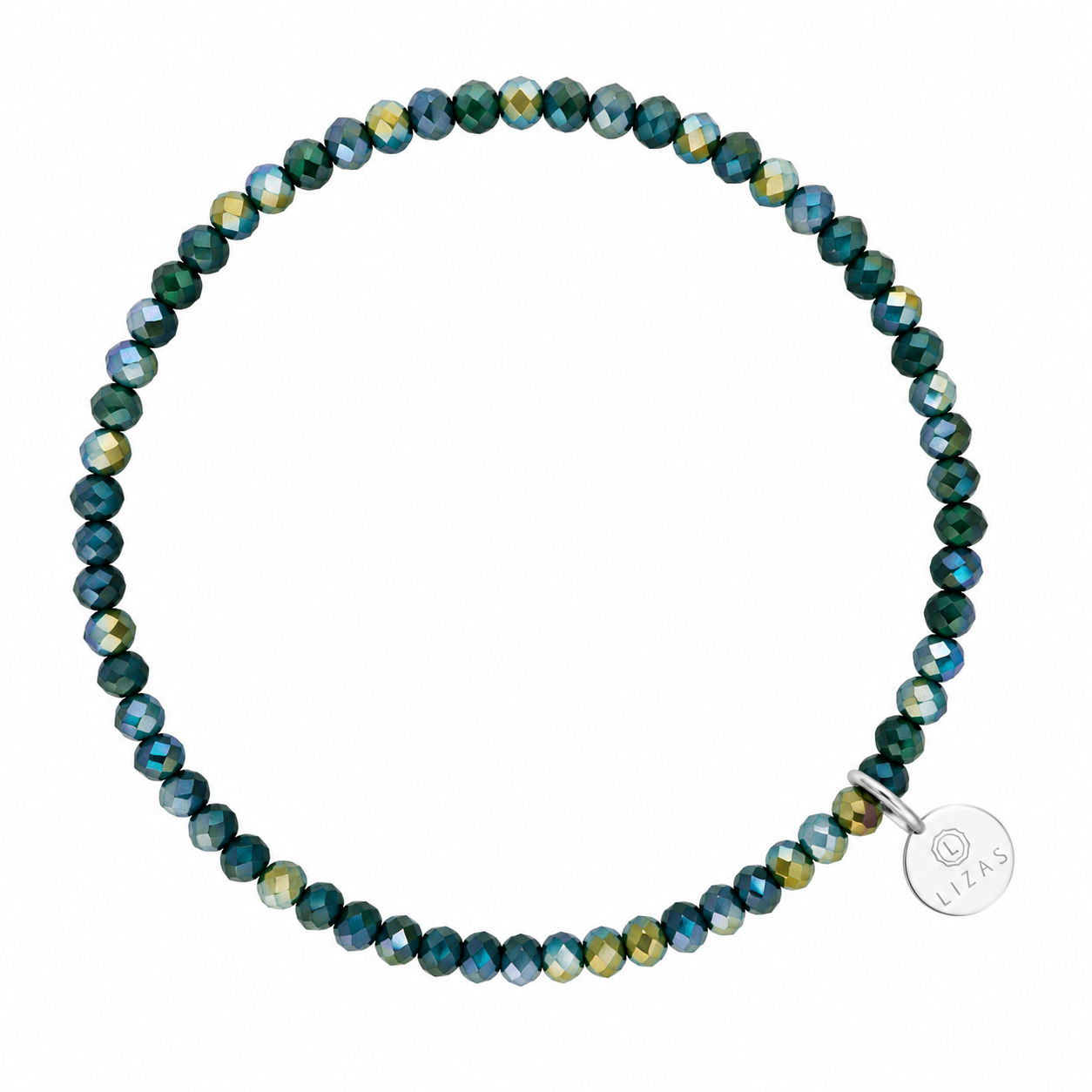 LIZAS Fineville Silver-Petrol bracelet with faceted teal, green, and blue Czech crystals and a silver-tone LIZAS charm.