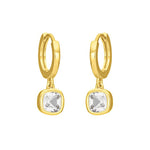 FYB clear cushion CZ dangle earrings with 18K gold-plated sterling silver hoops.