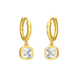 FYB clear cushion CZ dangle earrings with 18K gold-plated sterling silver hoops.