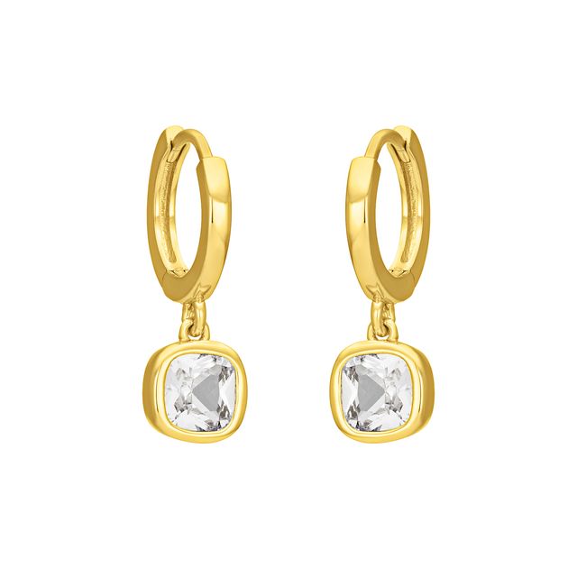 FYB clear cushion CZ dangle earrings with 18K gold-plated sterling silver hoops.