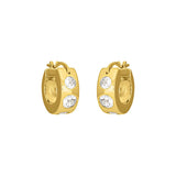Gold FYB crystal huggie hoop earrings with clear CZ accents on a white background.