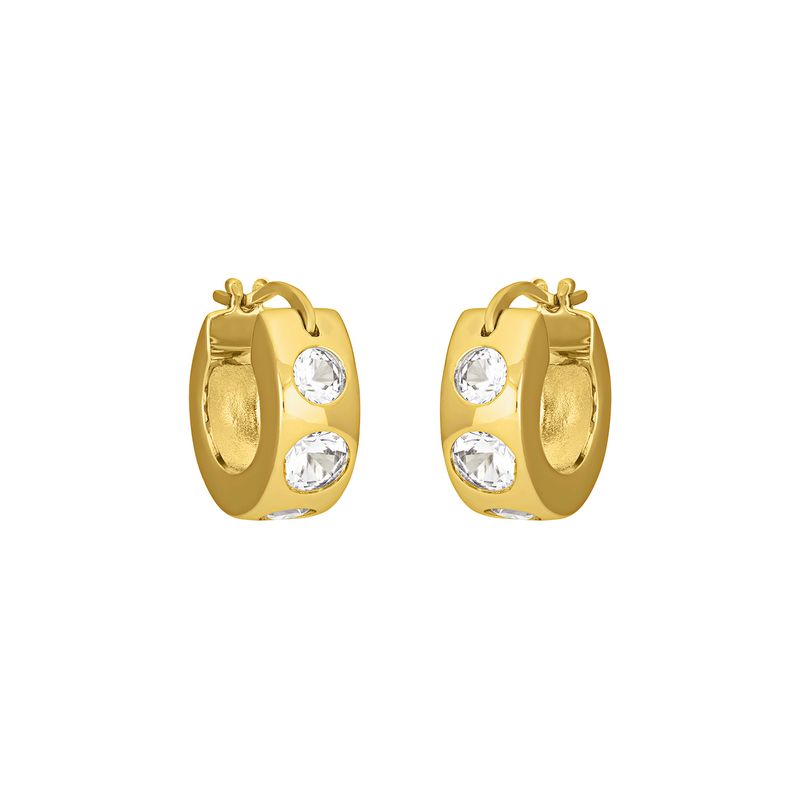 Gold FYB crystal huggie hoop earrings with clear CZ accents on a white background.