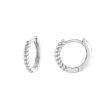 Silver huggie hoop earrings in 925 sterling silver with twisted rope detailing on a white background.