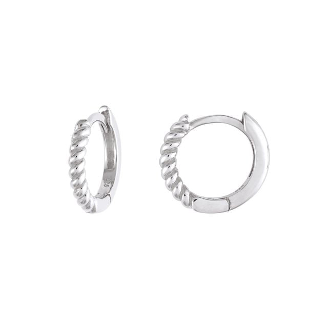 Silver huggie hoop earrings in 925 sterling silver with twisted rope detailing on a white background.