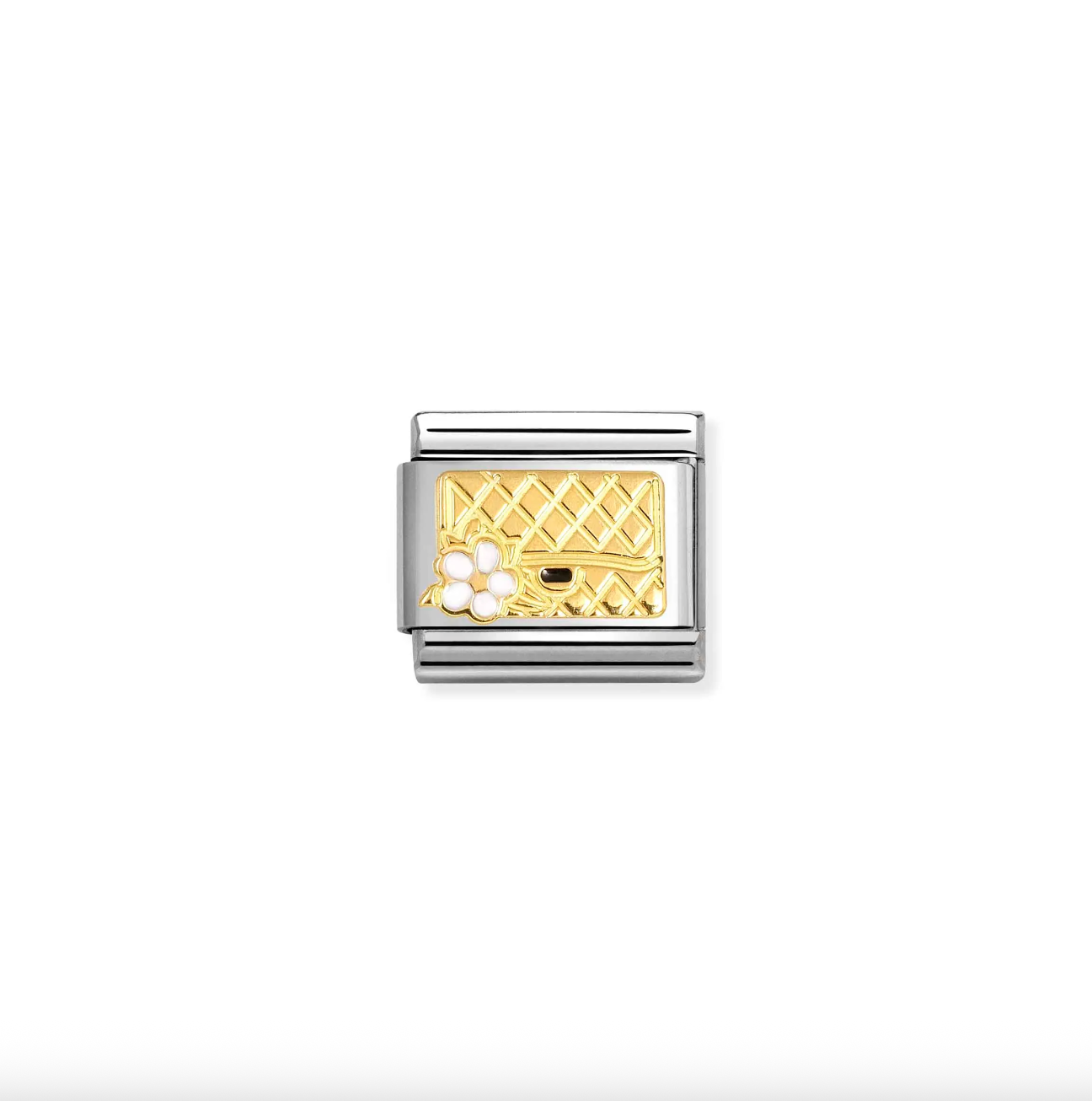 Gold and silver charm with lattice design on a white background