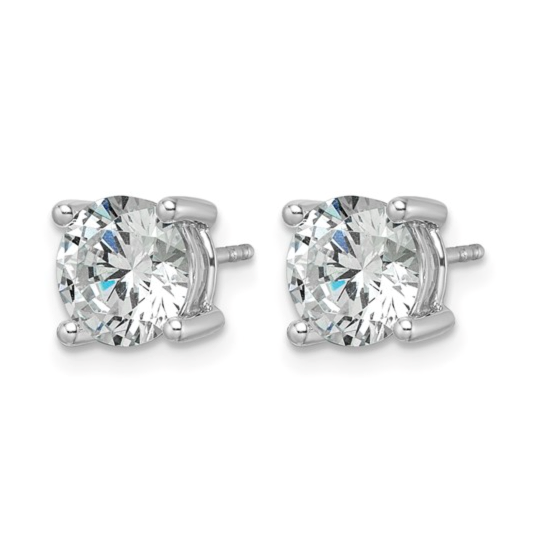 Pair of silver stud earrings with clear gemstones on a white background