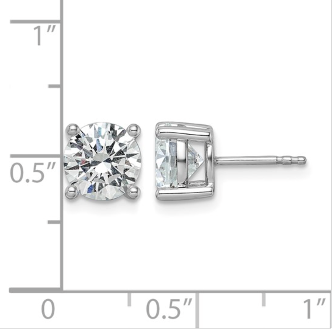 Two diamond stud earrings with measurements on a white background