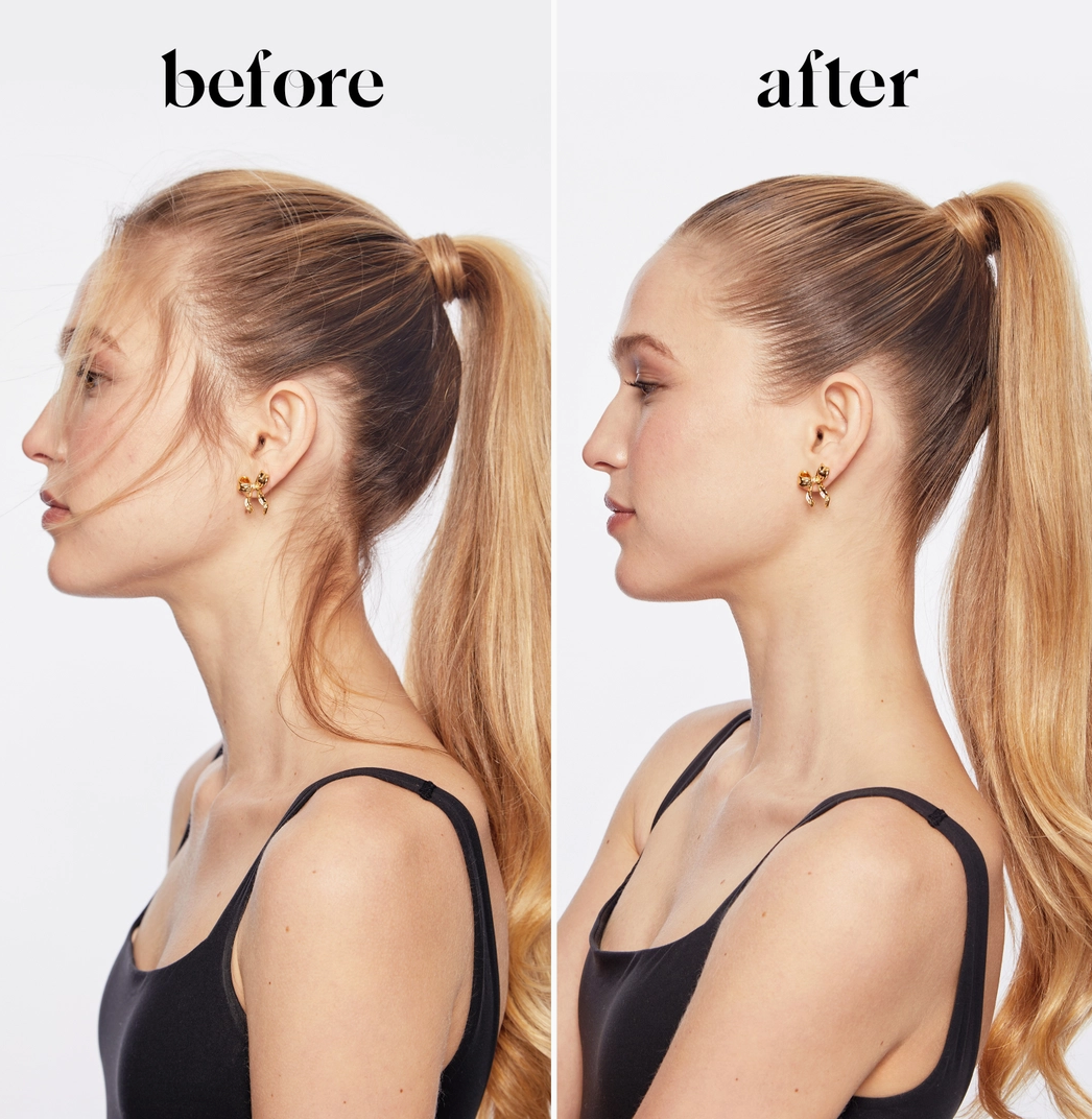 A side-by-side before and after comparison showing a woman in profile wearing a small gold earring. The left side is labeled 'before' with loose hair falling across her face, and the right side is labeled 'after' with the hair neatly pulled back into a high ponytail, making the earring more visible.