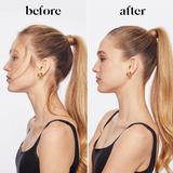 A side-by-side before and after comparison showing a woman in profile wearing a small gold earring. The left side is labeled 'before' with loose hair falling across her face, and the right side is labeled 'after' with the hair neatly pulled back into a high ponytail, making the earring more visible.