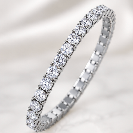 Close-up of Lafonn flexible tennis bracelet with Lassaire simulated diamonds