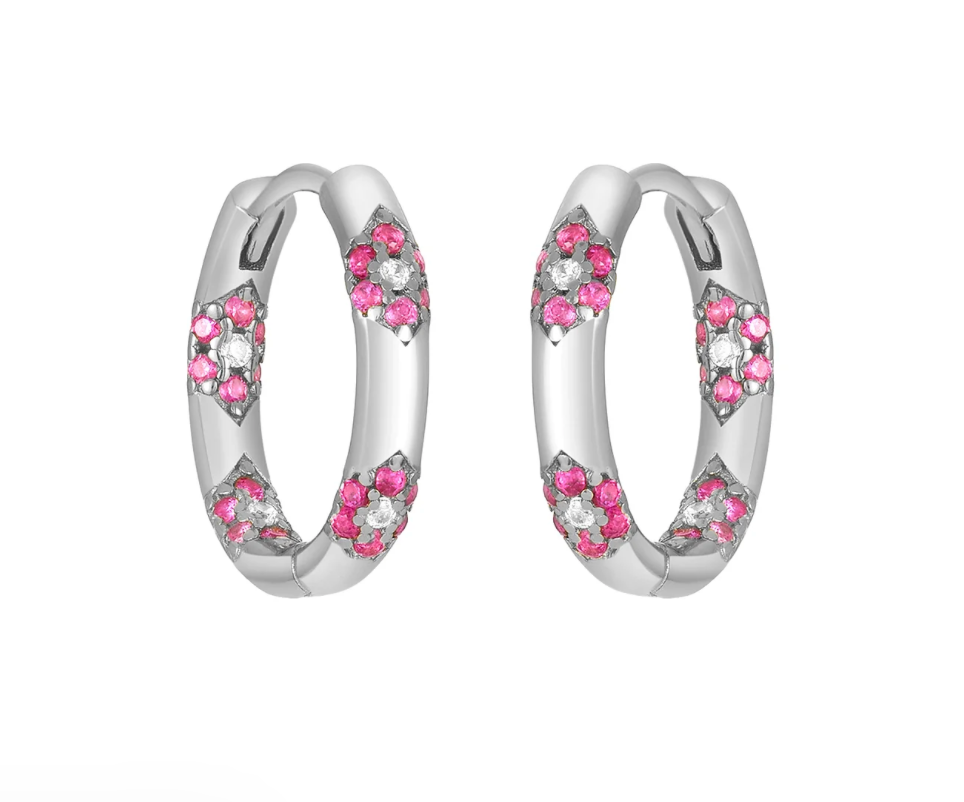 FYB silver hoop earrings with pink and clear CZ floral accents