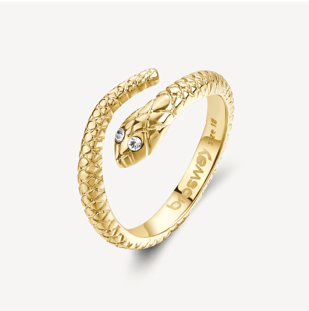 Brosway CHAKRA Mystic gold snake ring with textured scales and clear crystal eyes.