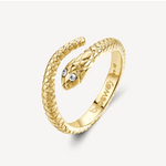 Brosway CHAKRA Mystic gold snake ring with textured scales and clear crystal eyes.
