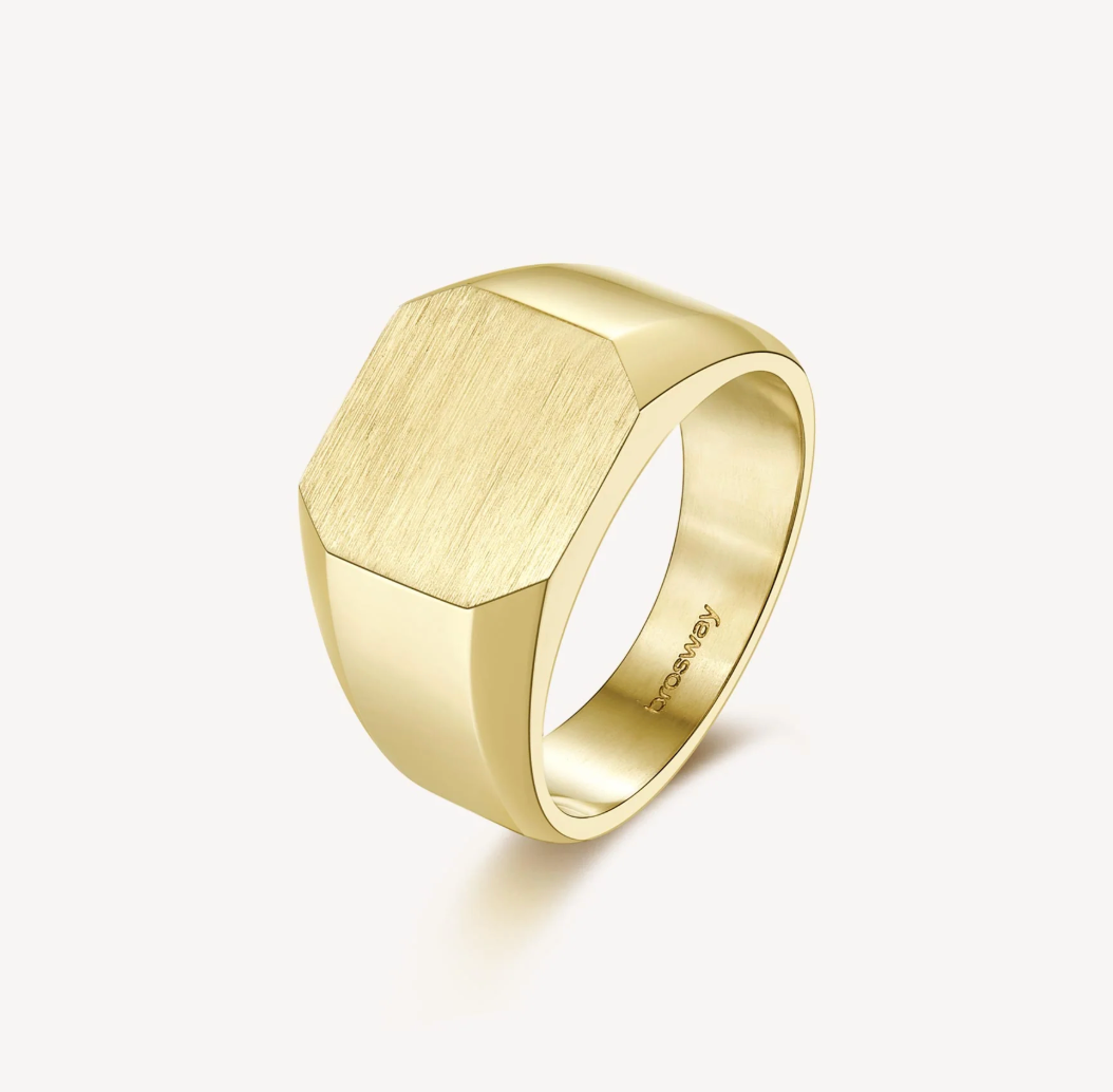 Brosway INK gold signet ring with a brushed geometric face and polished 14K gold PVD finish.