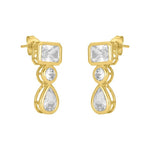 Gold dangle earrings with rectangular, round, and pear-shaped clear CZ stones on a white background.