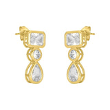 Gold dangle earrings with rectangular, round, and pear-shaped clear CZ stones on a white background.