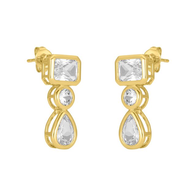 Gold dangle earrings with rectangular, round, and pear-shaped clear CZ stones on a white background.