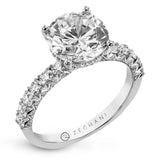 14k Gold Round Diamond Side Stone & Hidden Halo Engagement Ring