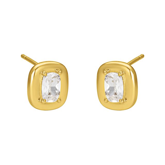 FYB gold stud earrings with clear CZ stones in polished rounded settings