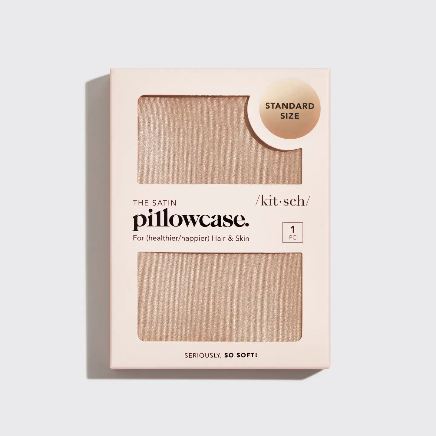 Package of satin pillowcase with text on a light gray background