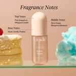 Kitsch hair perfume bottle with flavor notes labeled next to cake and cotton candy on a pink background