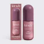 Kit-Sch Soft Santal hair perfume shown with its retail box and matching bottle, both in a dusty mauve-pink color, on a light gray background.