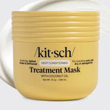 Kitsch Deep Conditioning Treatment Mask in a yellow plastic jar with a ribbed lid, shown against a white background with a subtle hair swirl graphic.