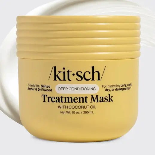 Kitsch Deep Conditioning Treatment Mask in a yellow plastic jar with a ribbed lid, shown against a white background with a subtle hair swirl graphic.