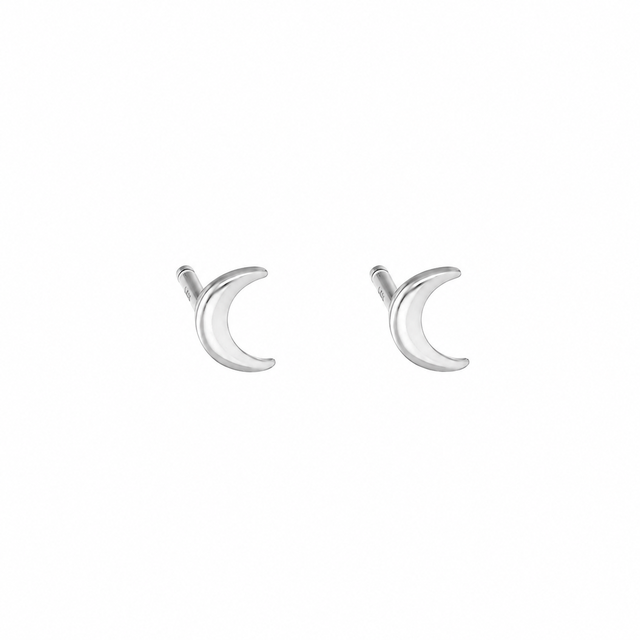 FYB crescent moon stud earrings in polished 925 sterling silver on a white background.