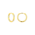 Gold FYB polished hoop earrings with small clear CZ accents on a white background.