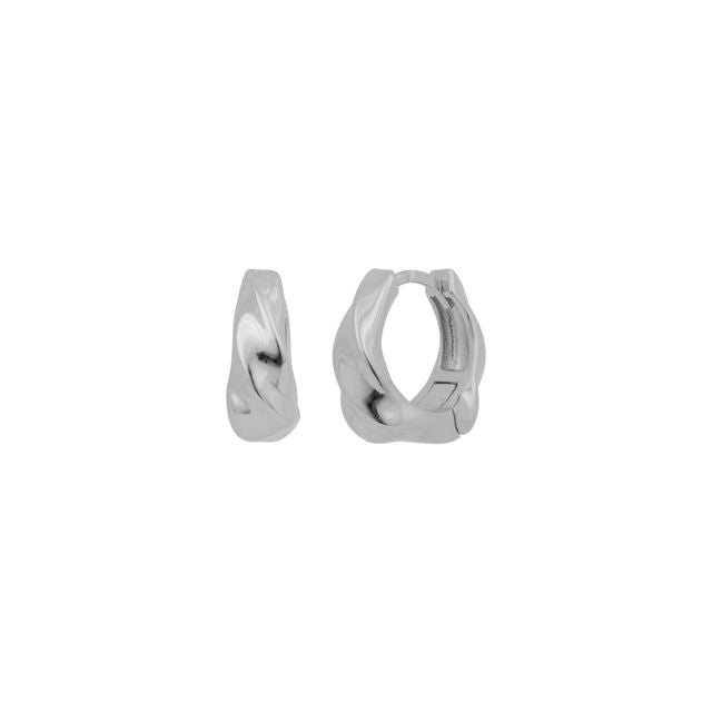 Silver FYB twisted huggie hoop earrings in polished 925 sterling silver on a white background.
