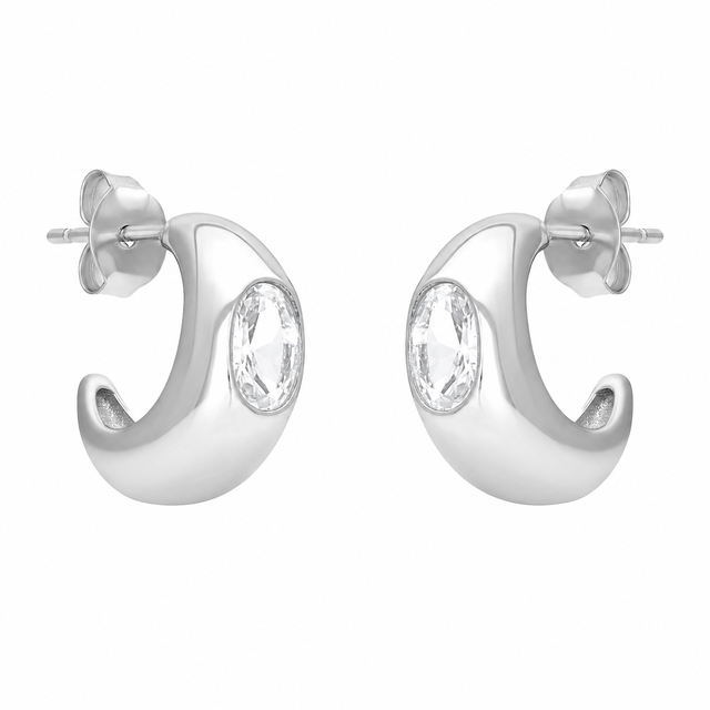 FYB silver hoop earrings with bezel-set clear CZ accents and a polished finish