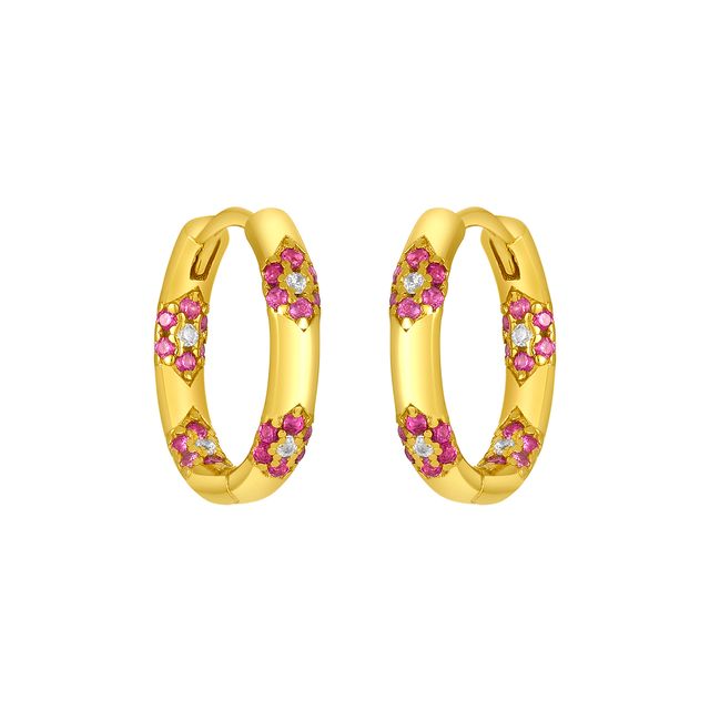 FYB gold hoop earrings with pink and clear CZ floral accents