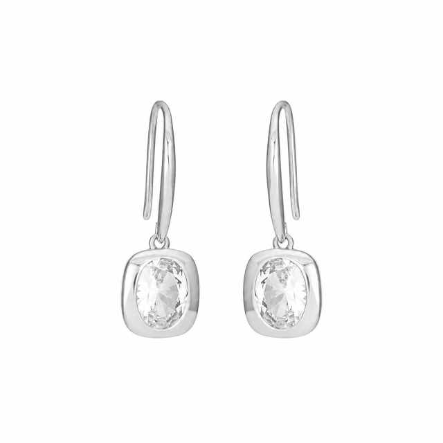 FYB silver dangle earrings with clear CZ stones in polished rounded settings