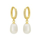 FYB gold huggie hoop earrings with clear CZ accents and pearl drops