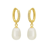 FYB gold huggie hoop earrings with clear CZ accents and pearl drops