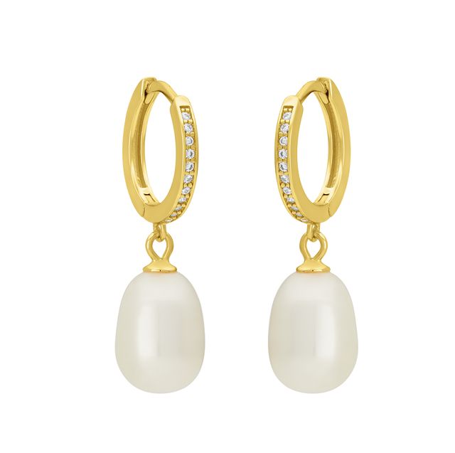 FYB gold huggie hoop earrings with clear CZ accents and pearl drops