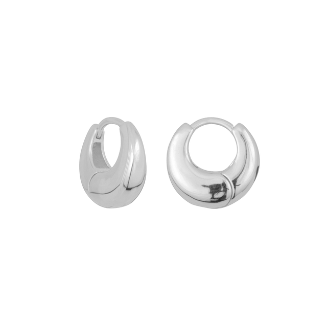 Silver chunky huggie hoop earrings in polished 925 sterling silver on a white background.