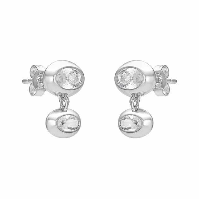 FYB double oval CZ dangle earrings in polished 925 sterling silver on a white background.