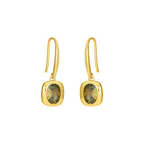 Gold dangle earrings with oval olive green stones and French hook ear wires on a white background.