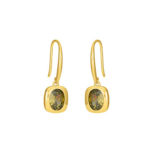 Gold dangle earrings with oval olive green stones and French hook ear wires on a white background.