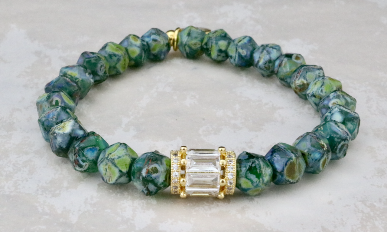 Adley - Czech Star Cut Beads in Green Picasso Bracelet