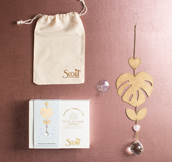 Scout Curated Wears Monstera Leaf and Rose Quartz Suncatcher