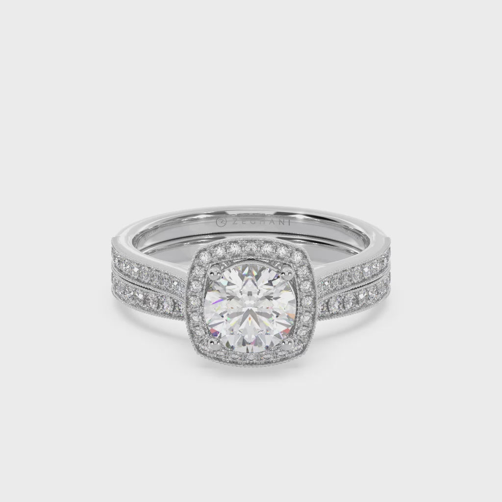 Zeghani 14k White Gold Engagement Ring with matching Diamond Wedding Band