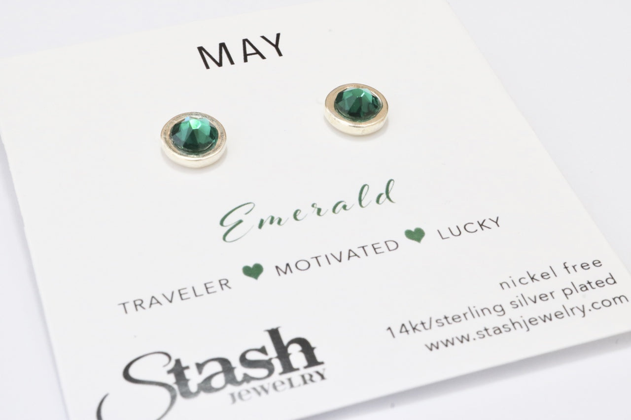 Stash Silver May Birthstone Emerald Crystal Studs